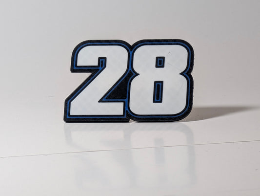 White number 28 magnet with blue & black outline layers