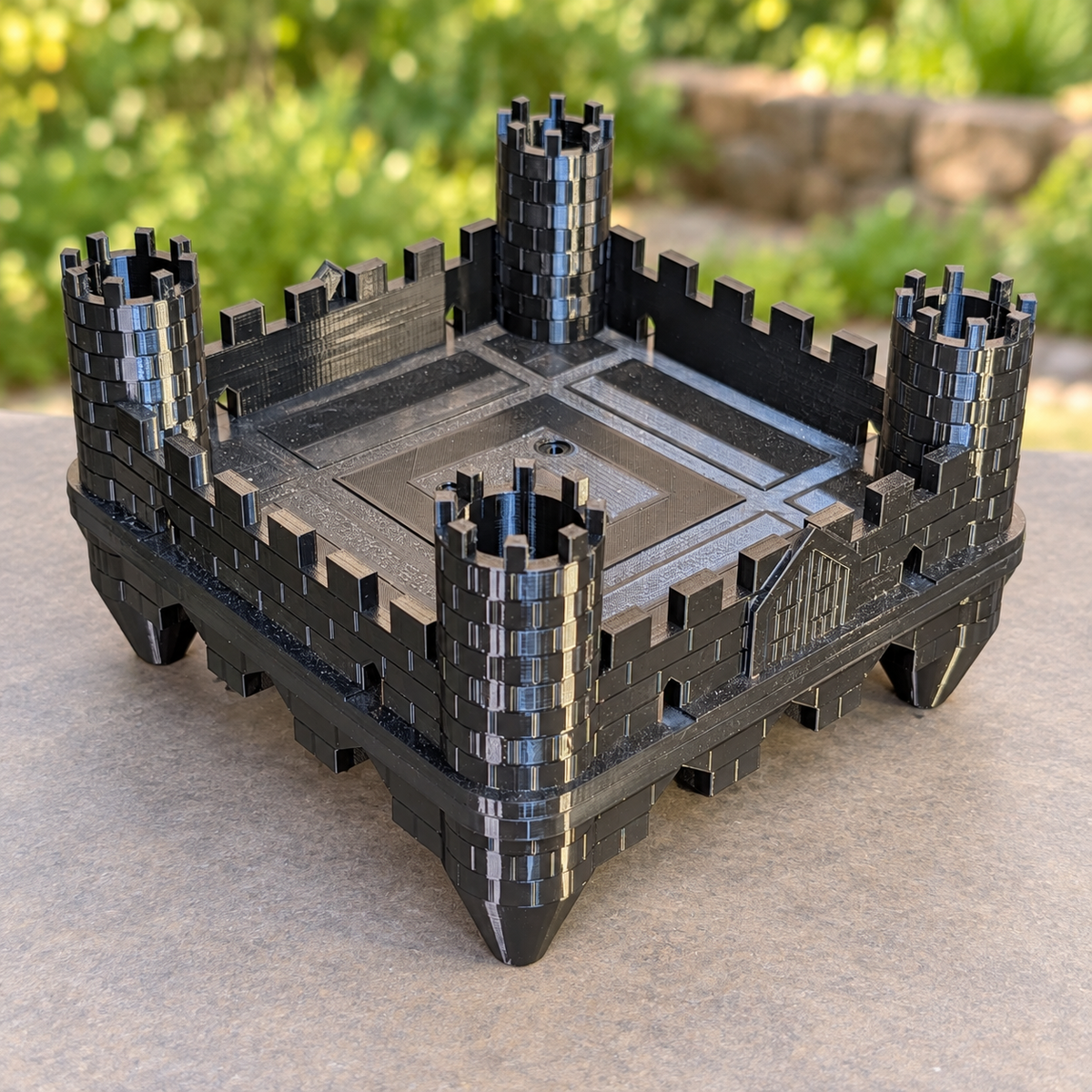 Black PETG castle bird feeder with open tray; retouched garden background