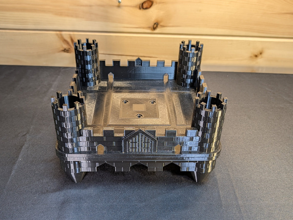 Original overhead front view of black castle bird feeder and tray