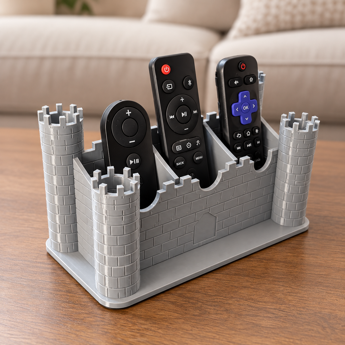 Angled view of gray castle remote organizer showing divided compartments; retouched background