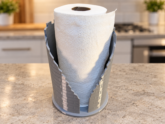 Grey castle ruins paper towel holder with roll; edited kitchen background