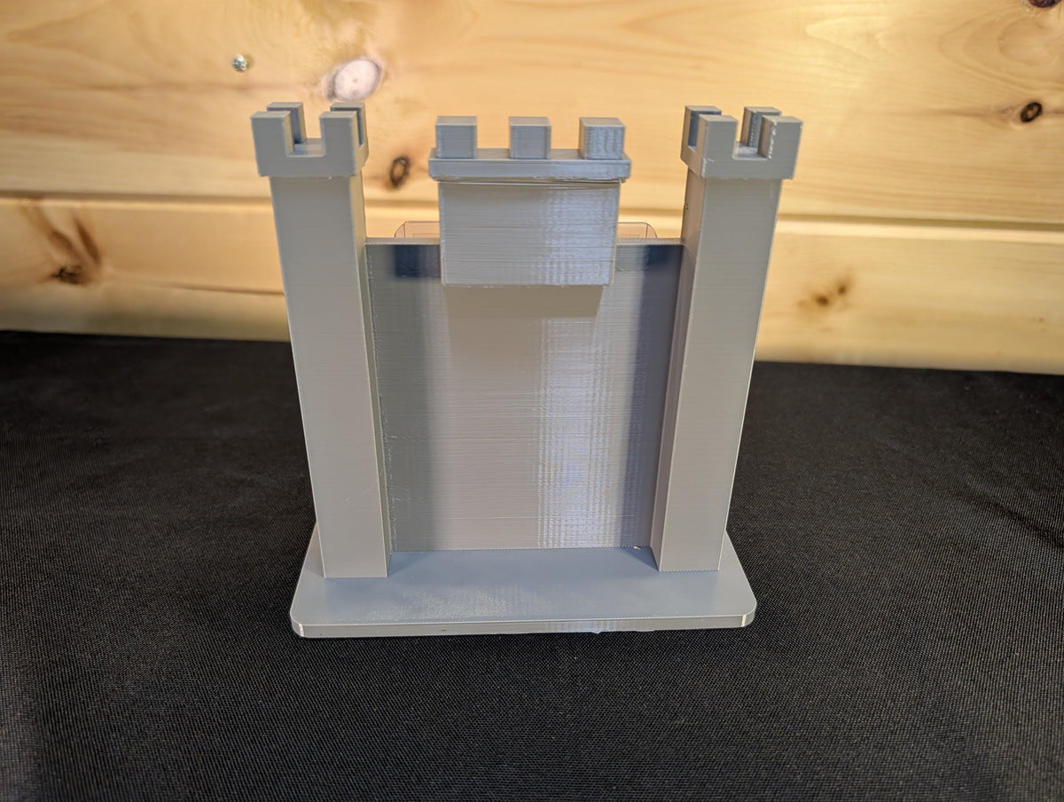 Rear view of the actual tall castle tower card stand