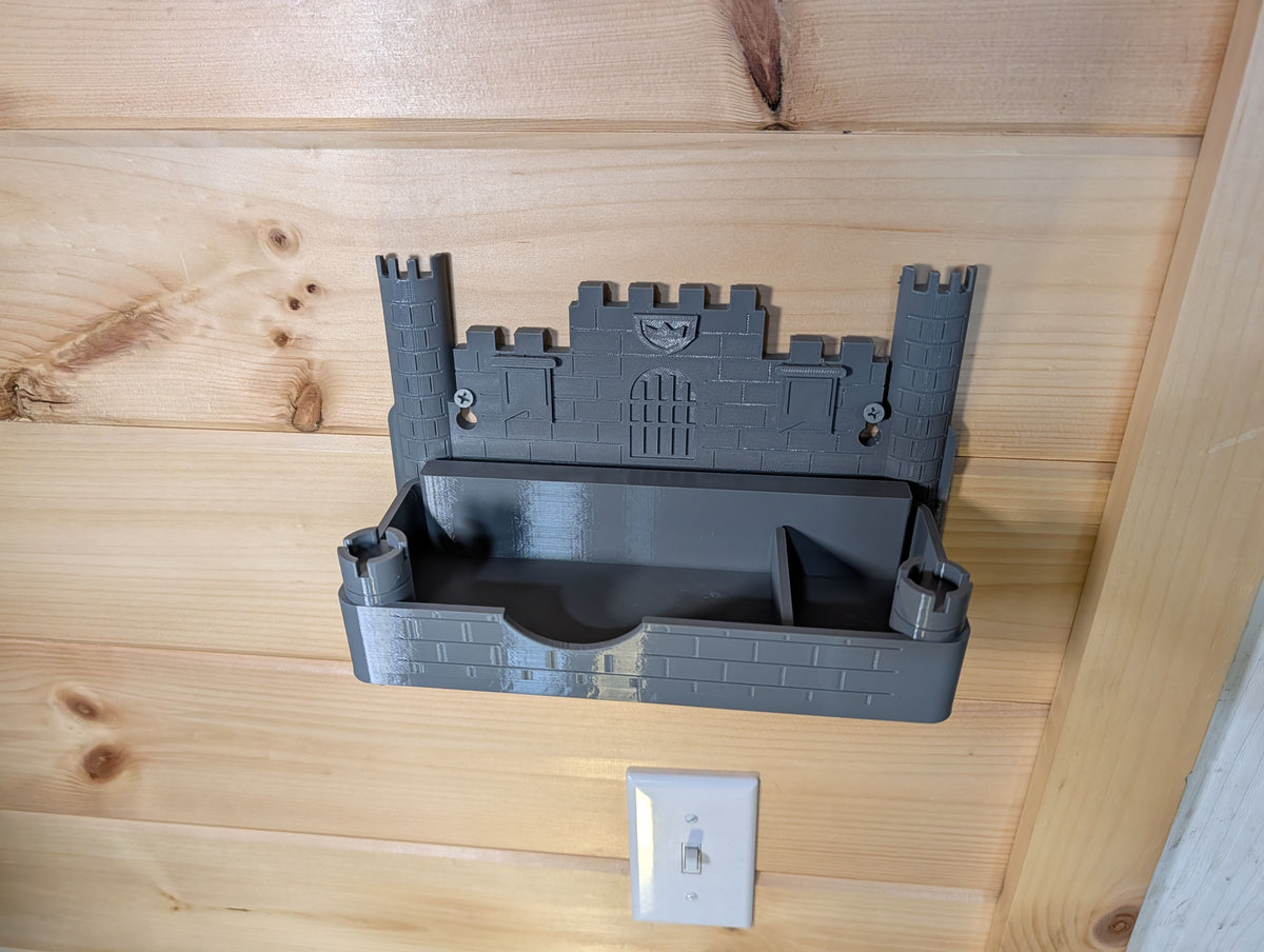 Top view showing the open storage tray and its front finger notch