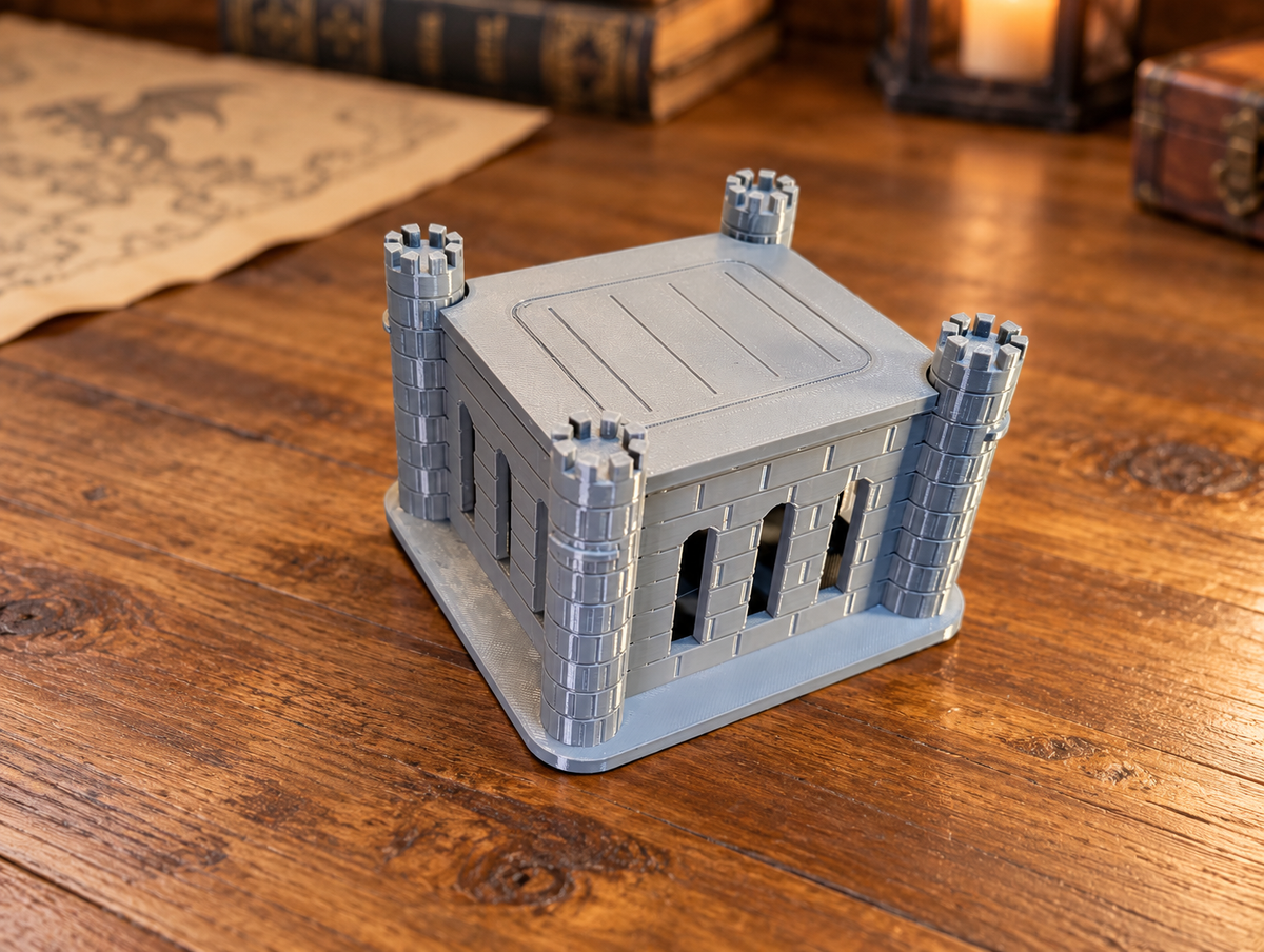 Grey square castle dice jail with removable lid; edited tabletop gaming background