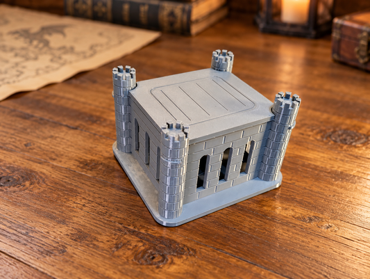 Grey square castle dice jail with removable lid; edited tabletop gaming background