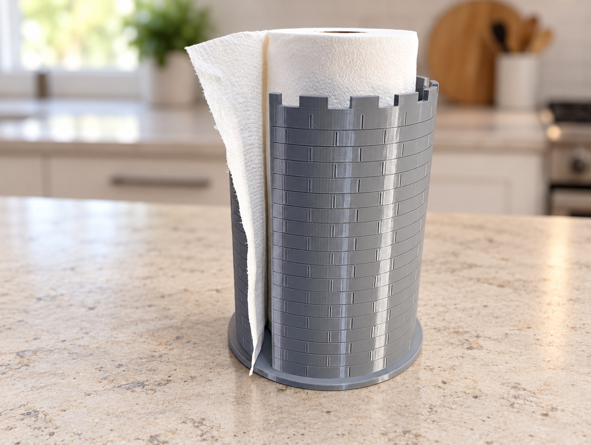 Full castle tower paper towel holder with roll, edited kitchen background